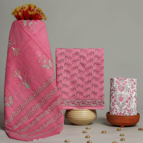 Elegant Hand Block Print Cotton Suit Set with Mulmul Dupatta (PRMUL81)